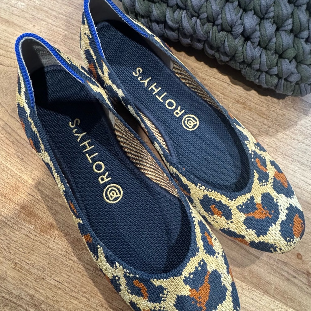 Rothy's Leopard Knit Ballet Flats — Navy, Tan & Rust